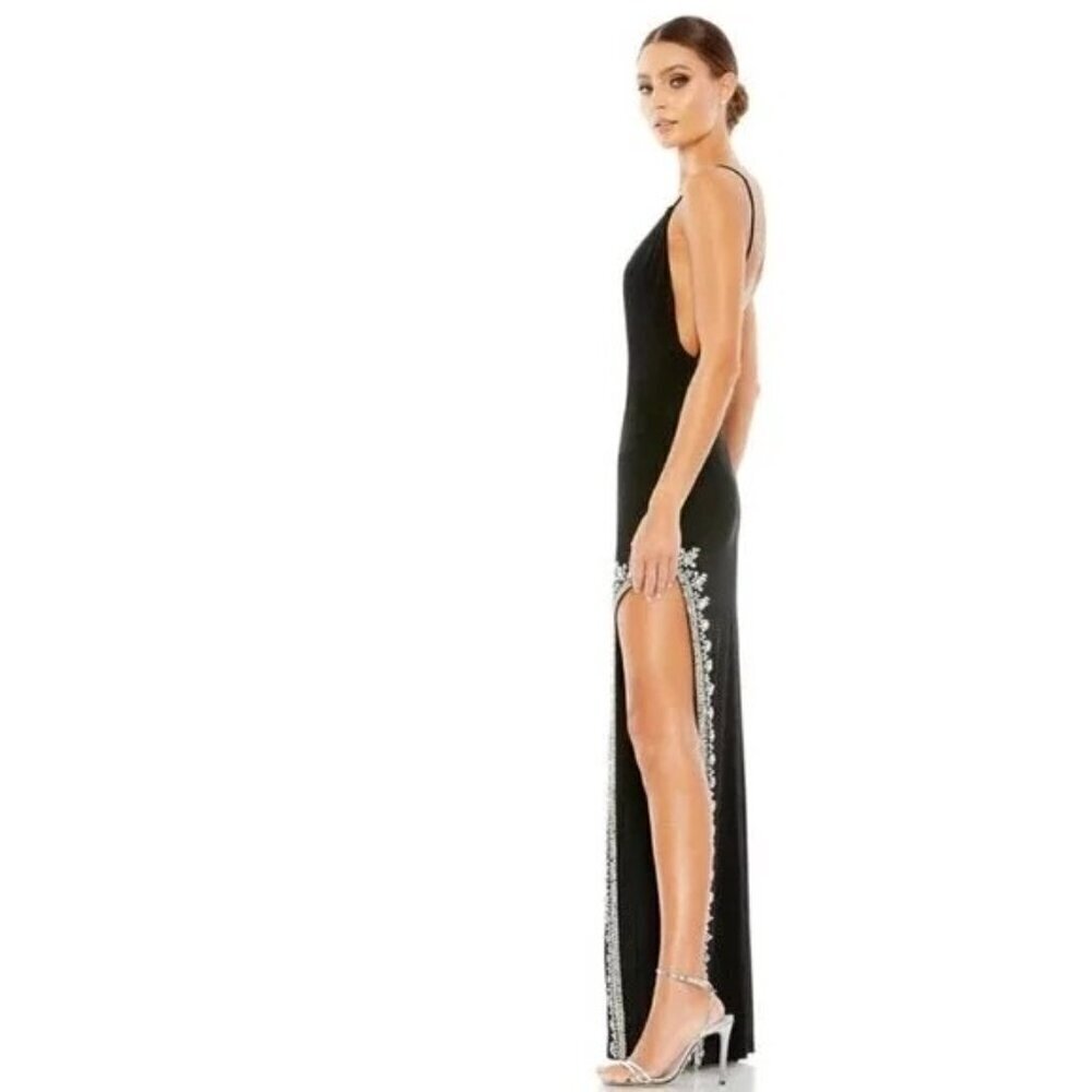 MAC DUGGAL Black Maxi DRESS Size 12 Rhinestone Side Slit Cami Bodycon 42002 New - Picture 2 of 8